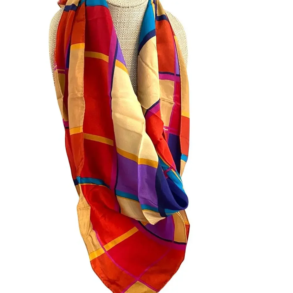 Vintage Liz Claiborne silky colorful square scarf colorblocks retro 1980's